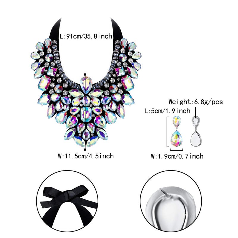 Flyonce Costume Jewelry for Women, Rhinestone Crystal Statement Necklace Earrings Set Iridescent Clear AB Silver-Tone - Image 5